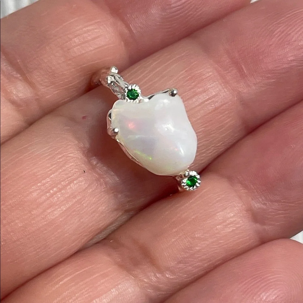 Natural Opal and Chrome DiopsideAccent 925 Sterling Silver Ring Size 7